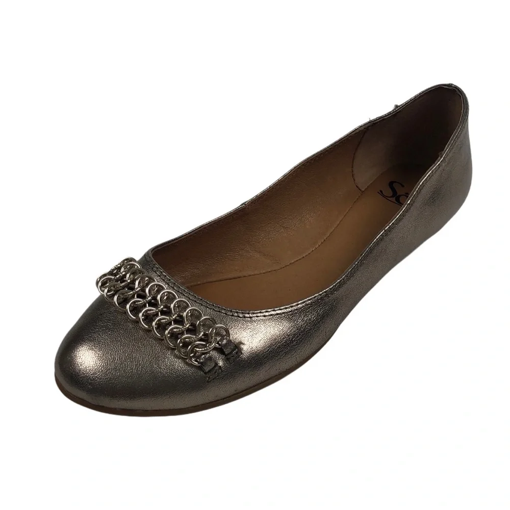 Womens Sofft Metallic Silver Chain Flats Sz 6.5